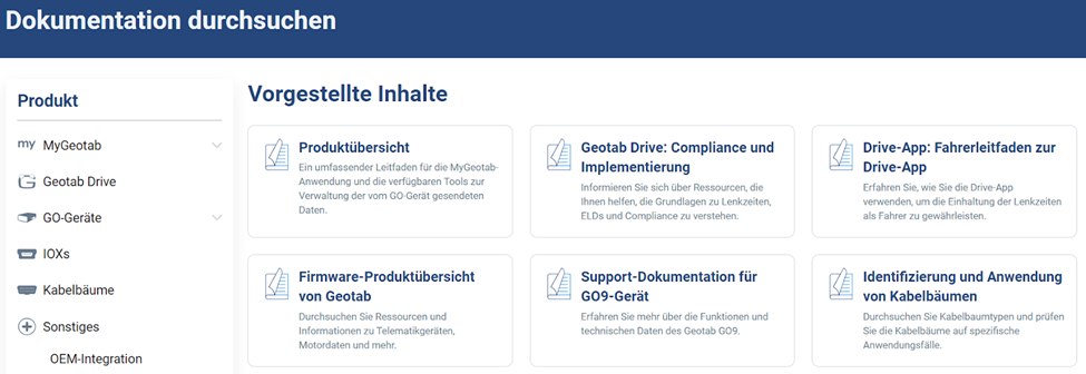 Screenshot der neuen Support Center Website mit dem Abschnitt „Vorgestellte Inhalte“